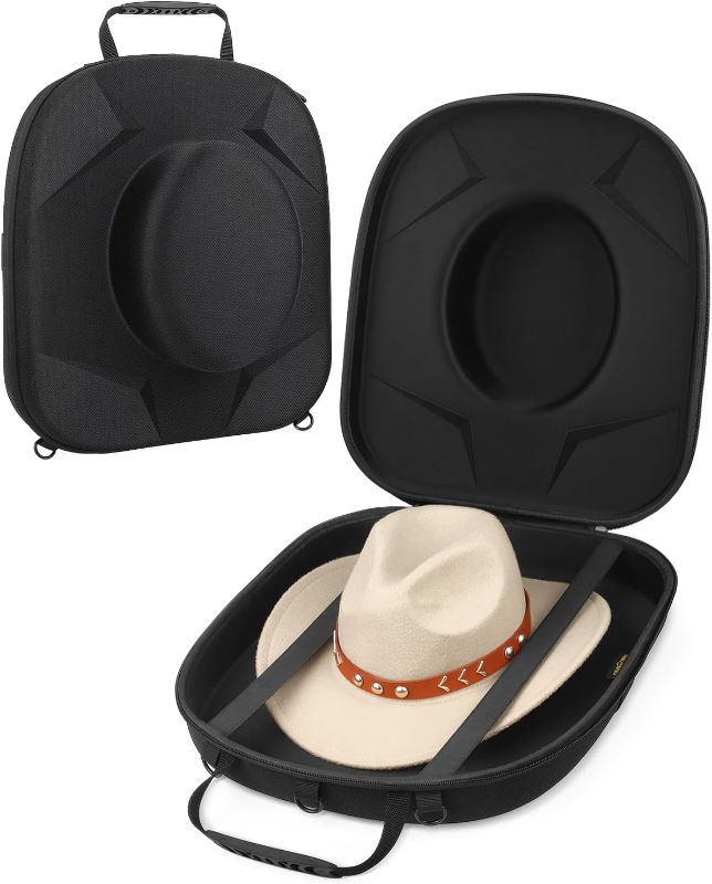 Photo 1 of Cowboy Hat Box - Crush Proof Travel Hat Carrier Case - Hat Storage for Cowboy, Panama, Tweed & Fedora Hats - Hard Shell Cowboy Hat Storage with Carrying Handle, Shoulder and Luggage Strap - Black