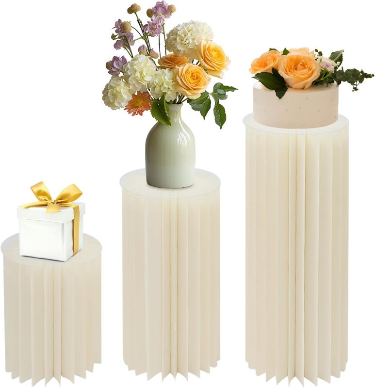 Photo 1 of 3pcs Cardboard Flower Stand Wedding Centerpiece Foldable Cylinder Pedestal Display for Birthday Decoration Garden White