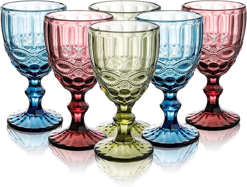 Photo 1 of Youeon Set of 6 Colored Wine Goblets, 10 Oz Wine Glasses Set with Embossed Pattern, Colored Wine Glasses Vintage Glassware for Party, Wedding, Bar, Wine, Juice, Beverage, 3 Colors
