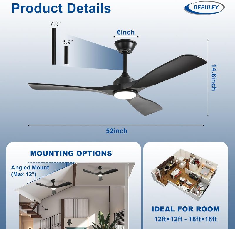 Photo 1 of Depuley 52-Inch Ceiling Fan with Light: Black 3 Blade Outdoor Fans for Patios - Dimmable Indoor Fan with Remote APP Control Ultra Quiet DC Motor Reversible 6 Speed Timer