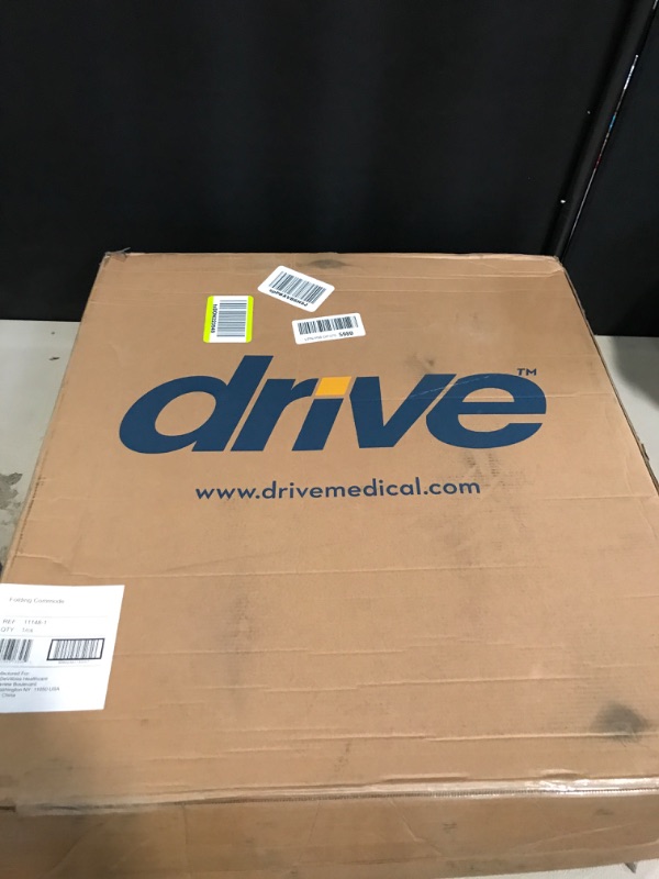 Photo 1 of Drive Medical 11148-1 Folding Steel Bedside Commode Chair, Portable Toilet, Supports Individuals Weighing Up To 350 Lbs, with 7.5 Qt. Bucket and 13.5 Inch Seat, Grey