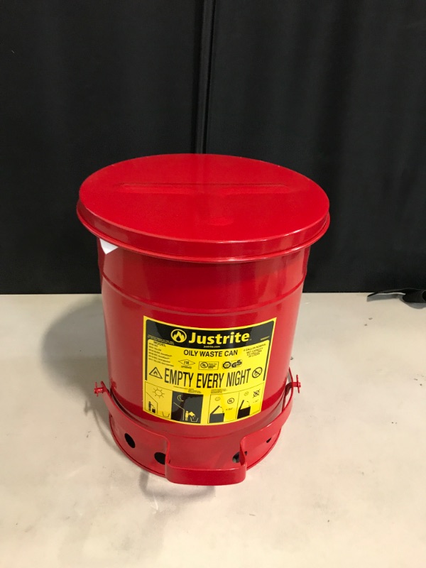 Photo 1 of Justrite 6 Gallon Galvanized Steel Oily Waste Can, 16" x 12" Metal Oil Rag Safety Can with Quiet Foot-Operated Self-Closing Lid for Oil Rag Disposal, Made in The USA, Red, 09108