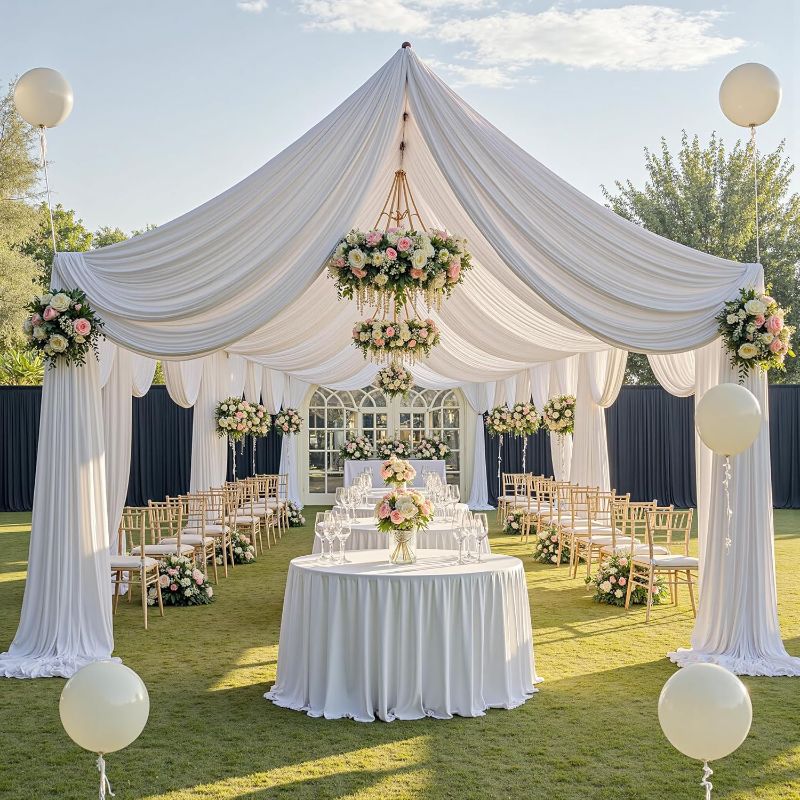 Photo 1 of gogoparti 30x30FT White Ceiling Curtain Panels of 5x30FT Wrinkle-Free Polyester Drapes for Weddings, Birthdays, Parties, Tent & Event Decoration