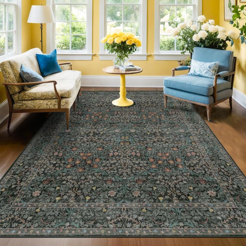 Photo 1 of Dark Green Floral Bedroom Rug 5x7 Area Rug for Living Room Vintage Forest Washable Mat for Dining Room, Low Pile Non Slip Stain Resistance Distressed Retro Indoor Boho Carpet (5x7 Dark Green)