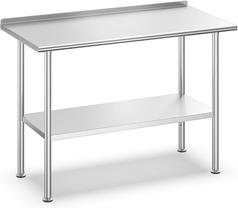 Photo 1 of All-Stainless Steel Prep Table, 24 X 48 Inches, with Rounded-Corner Backsplash and Adjustable Undershelf, Heavy-Duty for Outdoor Use,Restaurants,Hotels,Workshops,Kitchens,Gardens, and Garages
