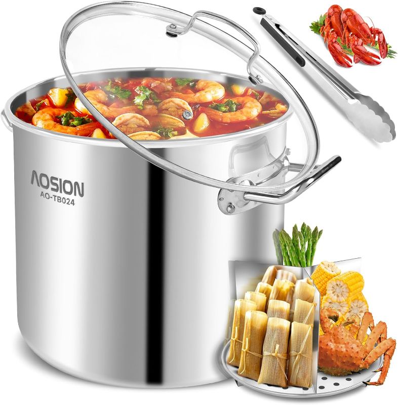 Photo 1 of AOSION 24 Quart Stainless Steel Stock Pot With Lid, 3-IN-1 Heavy Duty Tamale Steamer Pot with Visible Lid for Pasta, Soup,Large Pot for Cooking with Steam Rack,Dishwasher & Oven Safe.