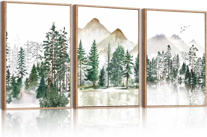 Photo 1 of ANHUIB Large Framed Mountain Canvas Wall Art Watercolor Forest Landscape Painting Green Nature Prints Art Rustic Wall Decor for Living Room, Bedroom, Office - 16x24 Set of 3