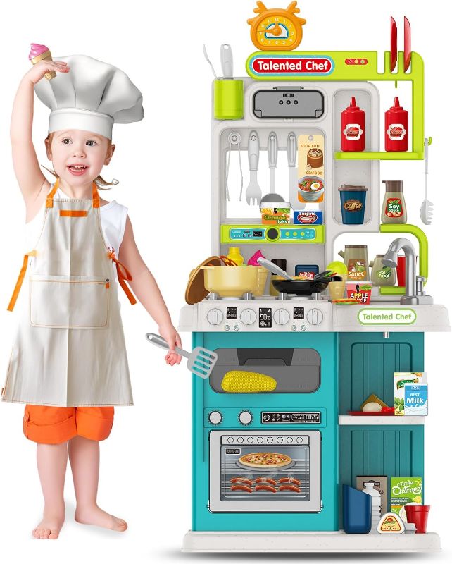 Photo 1 of Kids Kitchen Playset,Play Kitchen for Kids Toddler with Sounds and Lights, Cooking Stove Steam,Play Sink,Play Food and Kitchen Accessories,Toy Kitchen Set for Kids Boys Girls,36.4? H (Green)
