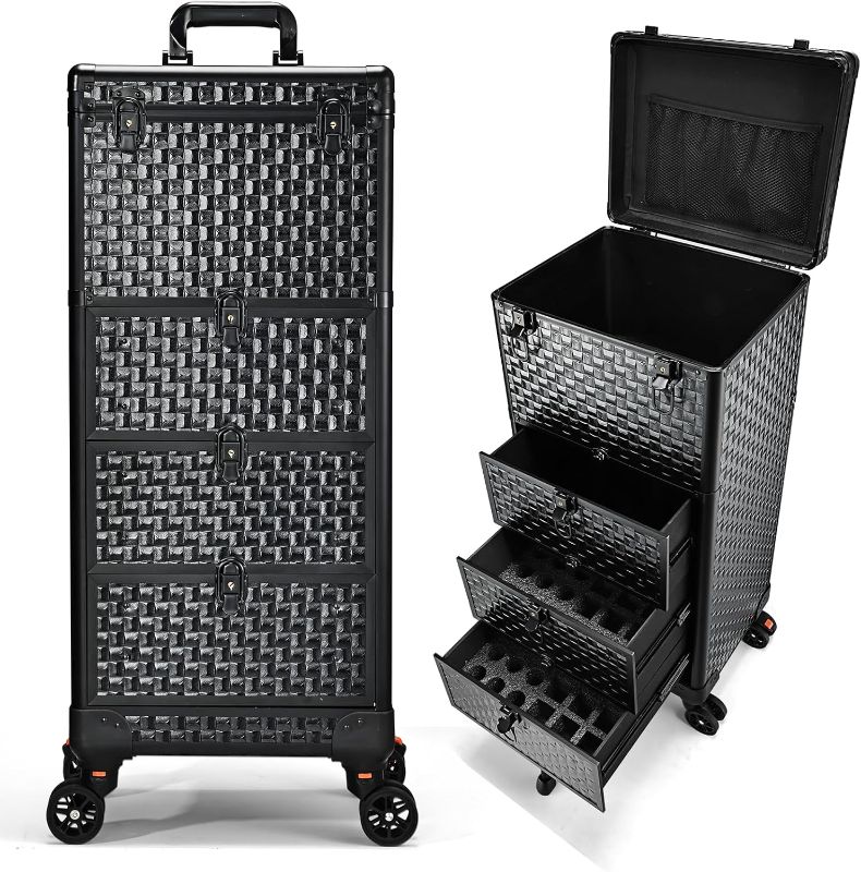 Photo 1 of Salon Cart with 3 Drawers, Professional Trolley Cart for Beauty Salon, Rolling Train Case Makeup Organizer Case for Nail Tech, Face Painting, Hairstylist, Makeup Artist, with Lockable Wheels
