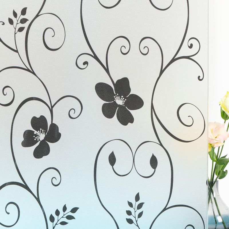 Photo 1 of 
Decorative Window Film,Black Flower Static Cling Privacy Door Film, Non Adhesive Heat Control Anti UV Window Cling for Office and Home,35 inches by 78.7 inches