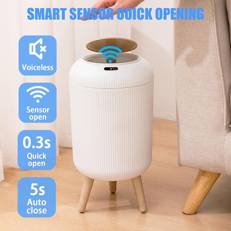 Photo 1 of URALFA Motion Sensor Trash Can with Lid, 3 Gallon / 11 L Automatic Bathroom Trash Can, Touchless Trash Bin, Smart Plastic Garbage Can with Removable Legs for Bathroom, Bedroom, Kitchen, Office, White