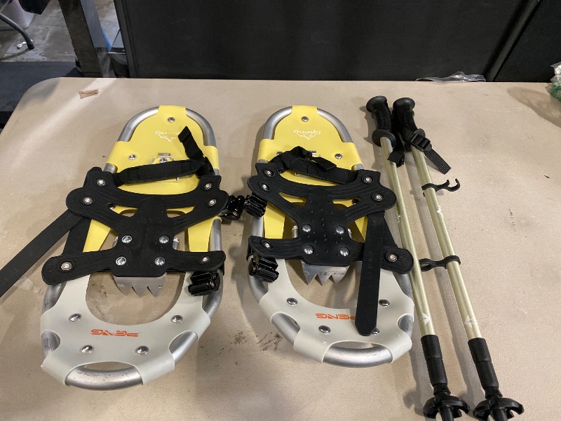 Photo 1 of Gpeng Snowshoes for Men Women Youth Kids, Light Weight Aluminum Snow Shoes with Trekking Poles, Crampon Protector and Carrying Tote Bag (Navy Blue, 21 inch)