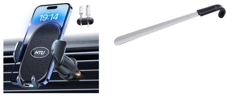 Photo 1 of 2Pc Lot - Car Vent Mount, Adjustable Automobile Cradle Air Clip Stand for iPhone 16 15 14 13 Pro Max Samsung, Black & Medal Shoe Horn 