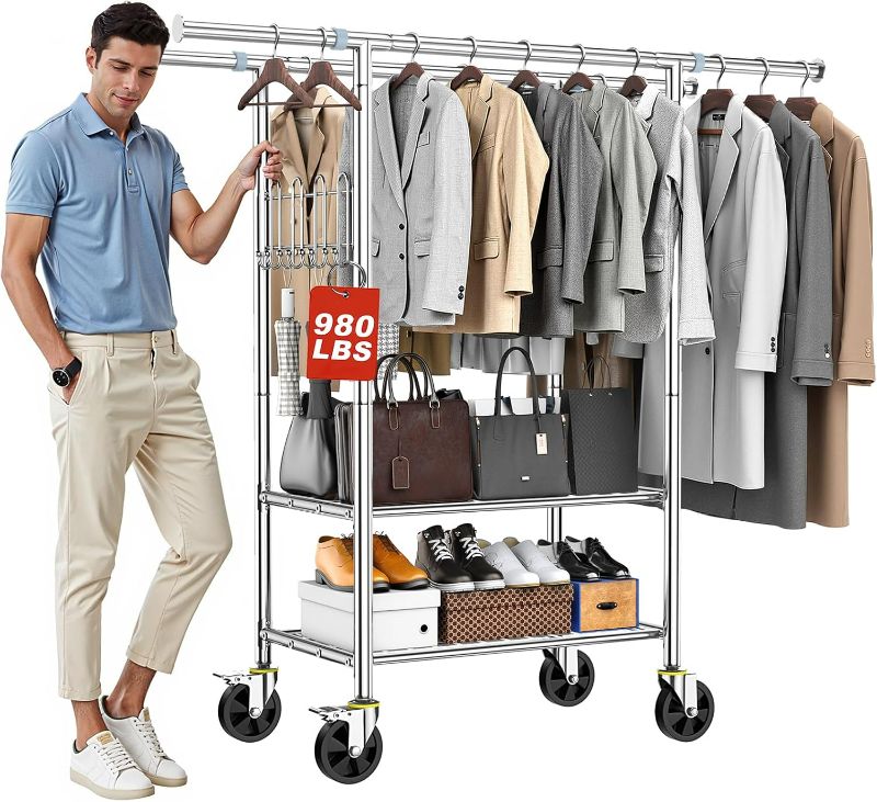 Photo 1 of Heavy Duty Rolling Garment Rack 3 Tiers Adjustable Wire Shelving with Side Hooks Portable Closets Freestanding Wardrobe with Lockable Wheels Double Hanger Rods for Hanging Clothes