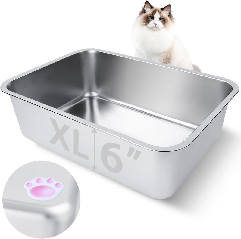 Photo 1 of Stainless Steel Cat Litter Box for Adult Cats or Kitty/Kitten 19.5"x13.6"x6" Rust-Proof, High Side, Non Stick, No Smell, Easy to Clean Metal Cat Litter Box