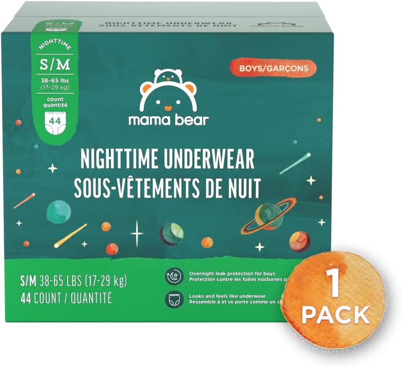 Photo 1 of Amazon Brand - Mama Bear Boy's Nighttime Underwear for Bedwetting, Overnight Protection, Hypoallergenic, Size S/M (38-65 lbs), 44 Count, White