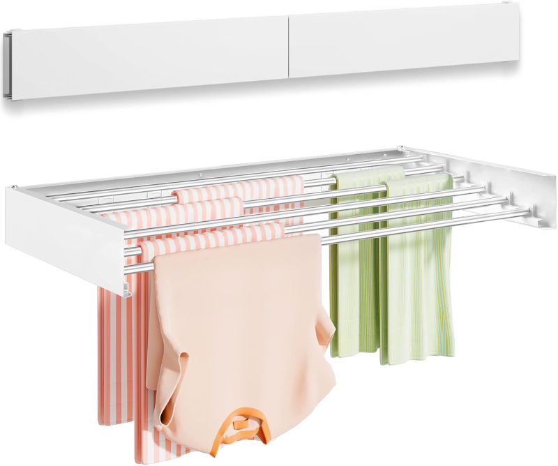 Photo 1 of Wall Mounted Clothes Drying Rack 40 inches, Foldable Wall Mount Laundry Rack Folding Indoor, Drying Rack Clothing Collapsible, Hidden Space Saver with Wall Template, 6 Rods, White