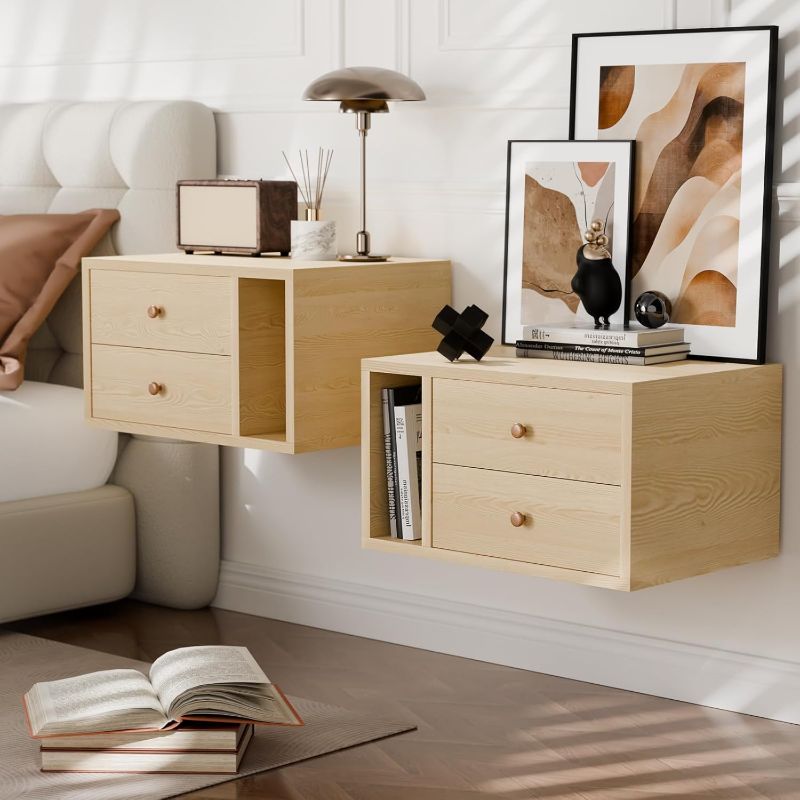 Photo 1 of Floating Nightstand Set of 2 with 2 Drawers,18.9" Extended Bedside End Table with Open Shelf, Modern Floating Wall Mounted Night Stand Side Table for Bedroom,Living Room