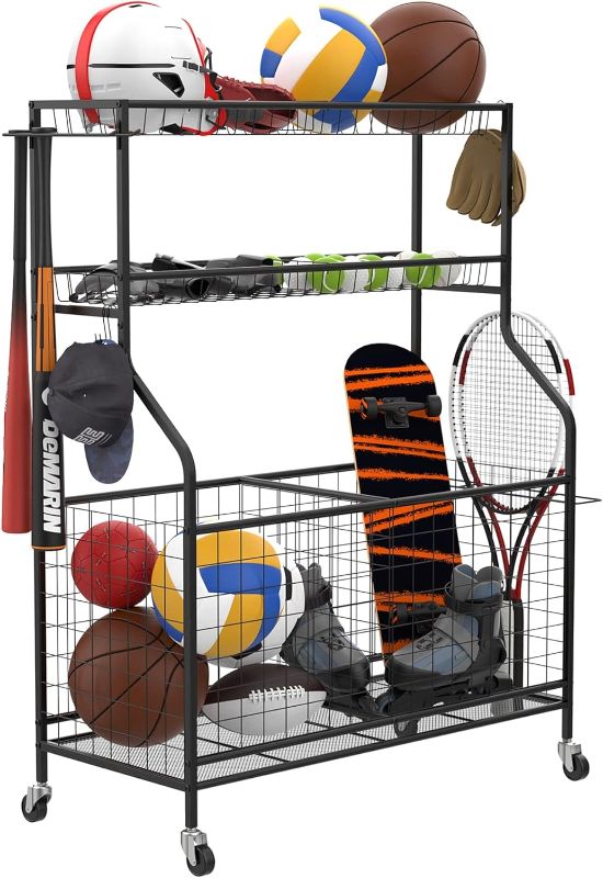 Photo 1 of Garage Ball and Sports Equipment Organizer, Ball Storage Rack Indoor/Outdoor Kids Ball/Toy Storage Organizer Bins, Rolling Ball Cart with Baskets