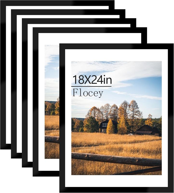 Photo 1 of 18x24 Picture Frame Set of 5, Black Poster Frame, Display Pictures 16 x 20 with Mat or 18 x 24 Without Mat for Horizontal or Vertical Wall Mounting, Wall Gallery Frame for Artwork