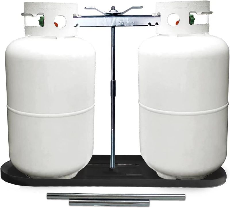 Photo 1 of RV Dual Propane Tank Mounting Rack 40lb,30lb and 20ld Tanks for Camper and Travel Trailers with Different Connecting Pipes, Black, White, Grey or Red Options (Black)