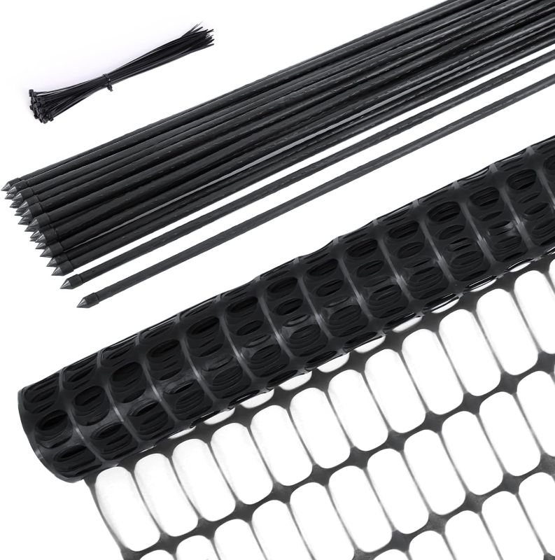Photo 1 of Garden Fence Animals Barrier Set: Ohuhu 3.4x100 FT Plastic Fence Roll with 25-Pack 4 FT Stakes Temporary Safety Netting, Reusable Pool Fencing Snow Fence Poultry Fences for Deer Chicken Dog, Black