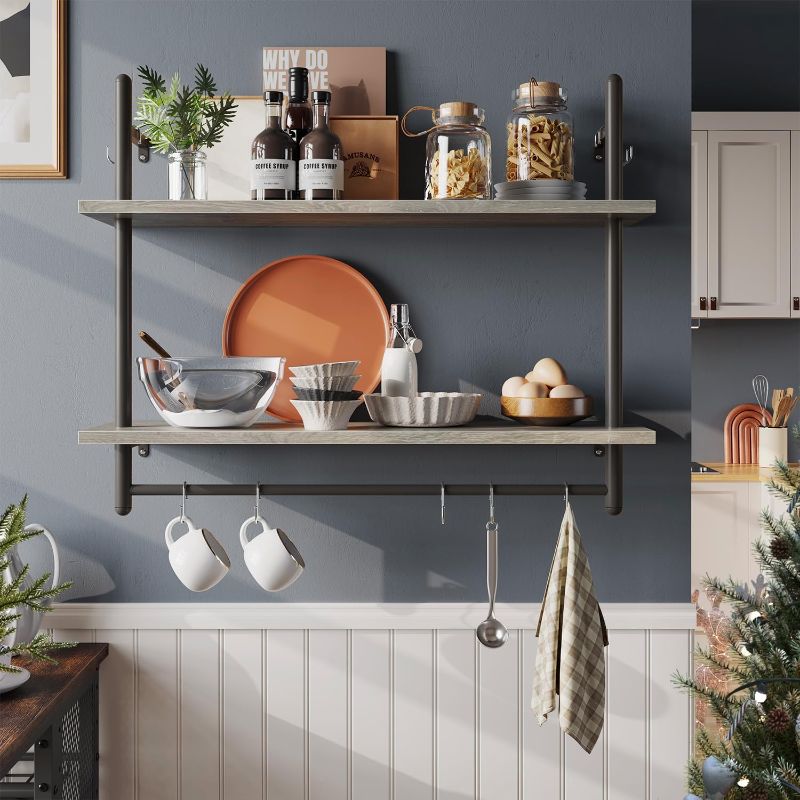 Photo 1 of Bestier  Shelf Industrial Floating Shelving 31" Kitchen Wall-Mounted Shelves with Towel Bar Hooks Coffee Bar Shelf Wine Hanging Display Rack Bookshelf Living Room Decor Bathroom-Retro Grey