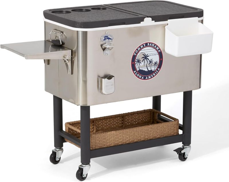 Photo 1 of Tommy Bahama 100 Quart Rolling Stainless Steel Cooler with Wheels, Attached Bottle Opener and Cap Catcher