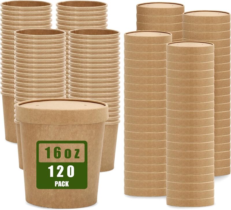 Photo 1 of 120 Pack 16 Oz Kraft Paper Soup Containers With Lids Disposable Ice Cream Pint Cups Microwavable Serving Bowls For Home Restaurant Kitchen Food Storage