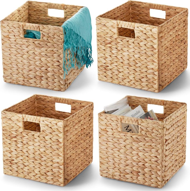 Photo 1 of BLUEWEST Water Hyacinth Storage Basket (Set of 4) Woven Hyacinth Storage Basket, Laundry Water Hyacinth Bin for Organizing with Carrying Handles, Rattan for Shelves