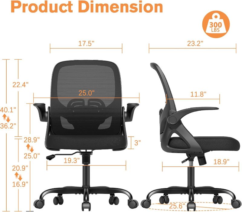 Photo 1 of Home Office Desk Chair with Supportive Lumbar Support and Flip up Arms, Breathable Double Mesh Ergonomic Home Desk Chair for Home or Work with Extended Height(Black)