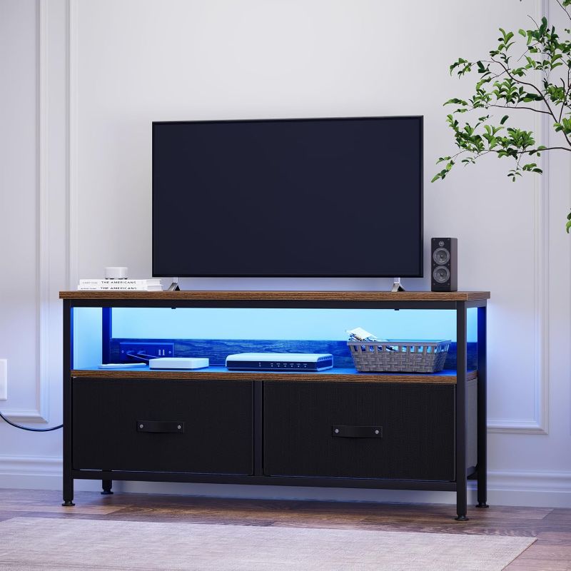 Photo 1 of 39" TV Stand for TVs up to 50", Media Console with Charging Station & LED Lights, 2 Drawer Storage Chest, Gaming Entertainment Center with Storage for Living Room, Brown, Medium
