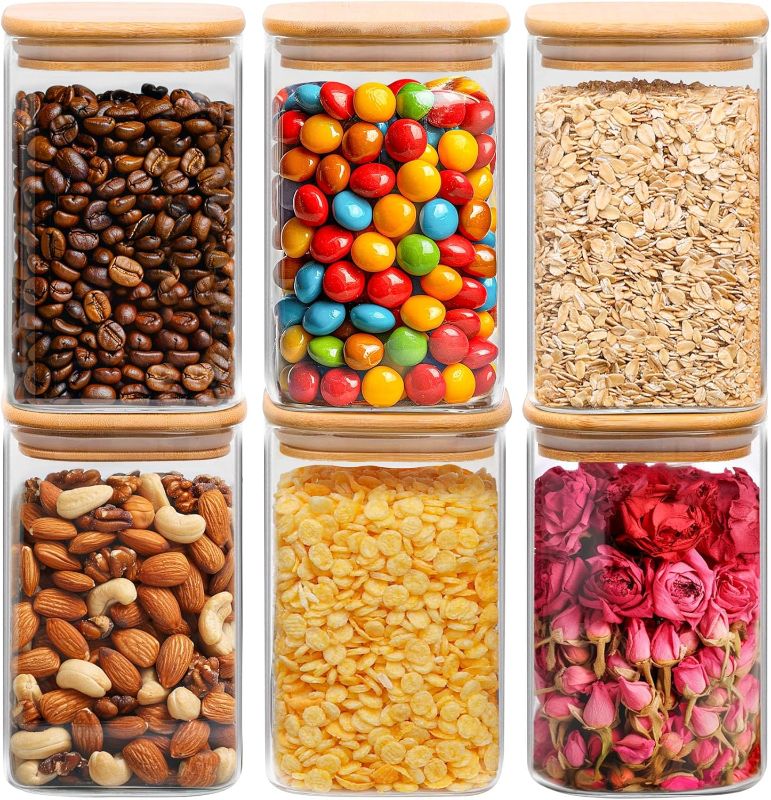 Photo 1 of ComSaf 37 oz Glass Storage Containers with Lids, Glass Jars with Lids, Clear Food Jar, Square Canister Set of 6, Pantry Organizers and Storage for Cookie Flour Oat Pasta Tea Coffee Bean