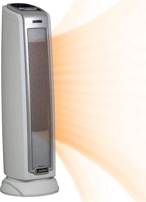 Photo 1 of Lasko Oscillating Ceramic Tower Space Heater for Home with Overheat Protection, Timer, 22.5 Inches, Silver, 1500W, 5775, 7.5 L x 7.1 W x 22.75 H