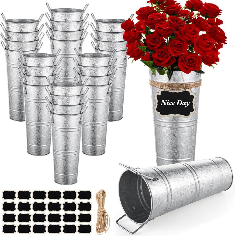 Photo 1 of 24 PCS Galvanized Metal Vases, 9 Inch Metal Vases for Flowers, Flower Bucket with Wooden Hang Tag & Hemp Rope, Galvanized Iron Vase with Handles, Retro Flower Bucket for Home, Weddings
