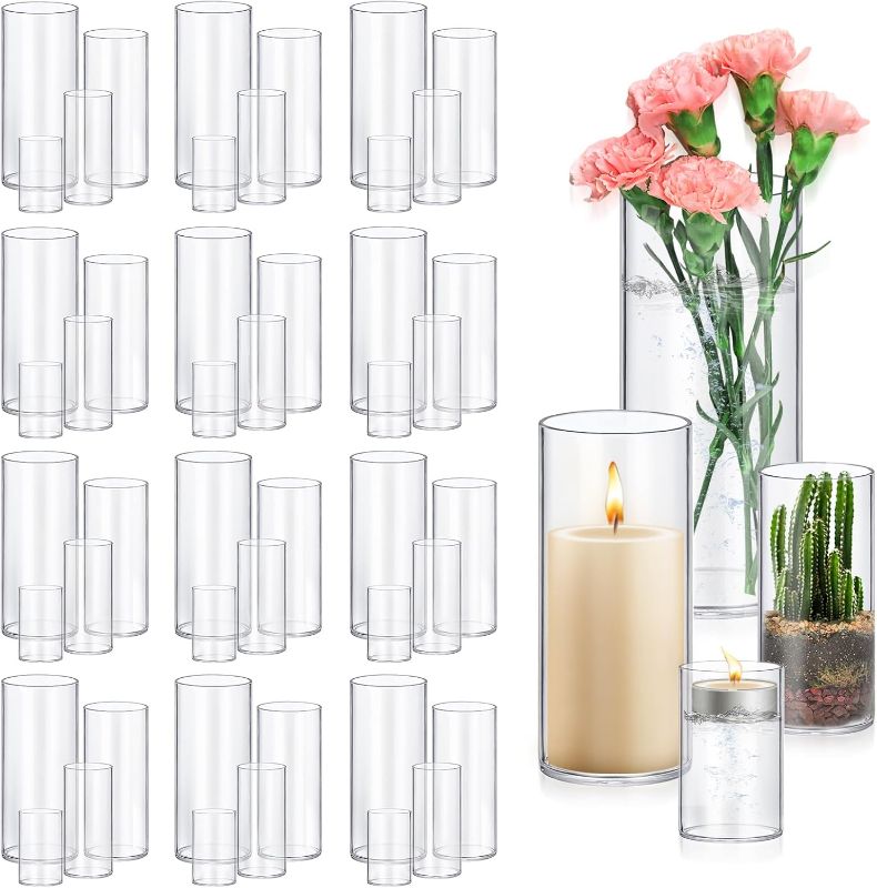 Photo 1 of 48 Pack Glass Cylinder Vases 4,6,8,10 Inch Tall Clear Flower Vase Hurricane Floating Candle Holder for Table Centerpiece Wedding Home Deco