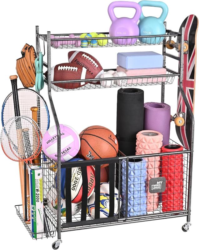 Photo 1 of Mythinglogic Garage Sports Equipment Organizer, Baseball Storage Large Capacity, Sports Organizer for Garage with Hooks and Baskets, Ball Storage Rack for Football, Soccer Ball, Bat, Toys