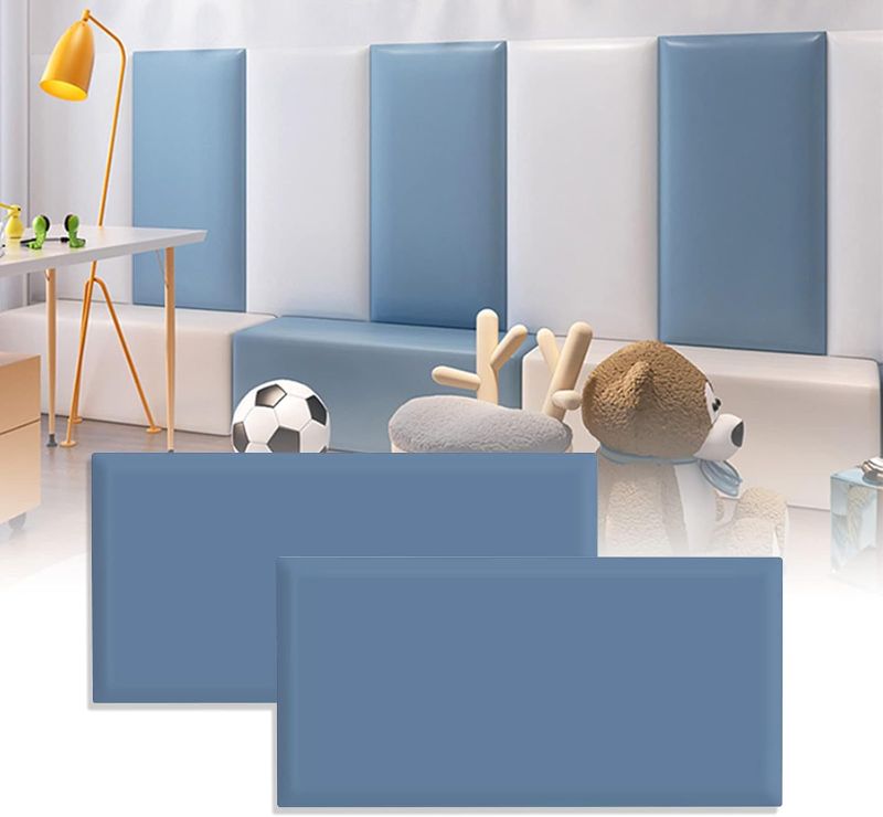 Photo 1 of 3D Anti-Collision Wall Padding for Kids, Peel and Stick Upholstered Wall Panels, Queen Headboard, Playroom Decorative Protection Panel, Pack of 2 Panels Sized 23.6” X 11.8” (Dark-Grey-Blue)