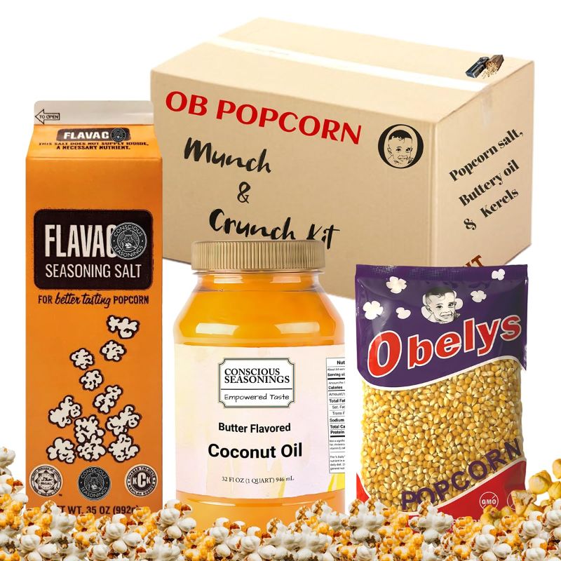 Photo 1 of All-In-One Popcorn Kit for Perfect Movie Night Snacks | Butter Flavored Coconut Oil 32oz, Popcorn Seasoning Salt 35oz & Obelys Yellow Kernels 32oz | Complete Popcorn Pack