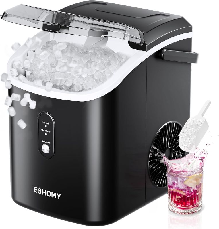 Photo 1 of Nugget Ice Maker Countertop with Handle, Ready in 6 Mins, 34lbs Per Day, Removable Top Cover, Auto-Cleaning, Portable Sonic Ice Maker with Basket and Scoop, for Home/Party/RV/Camping (Black)