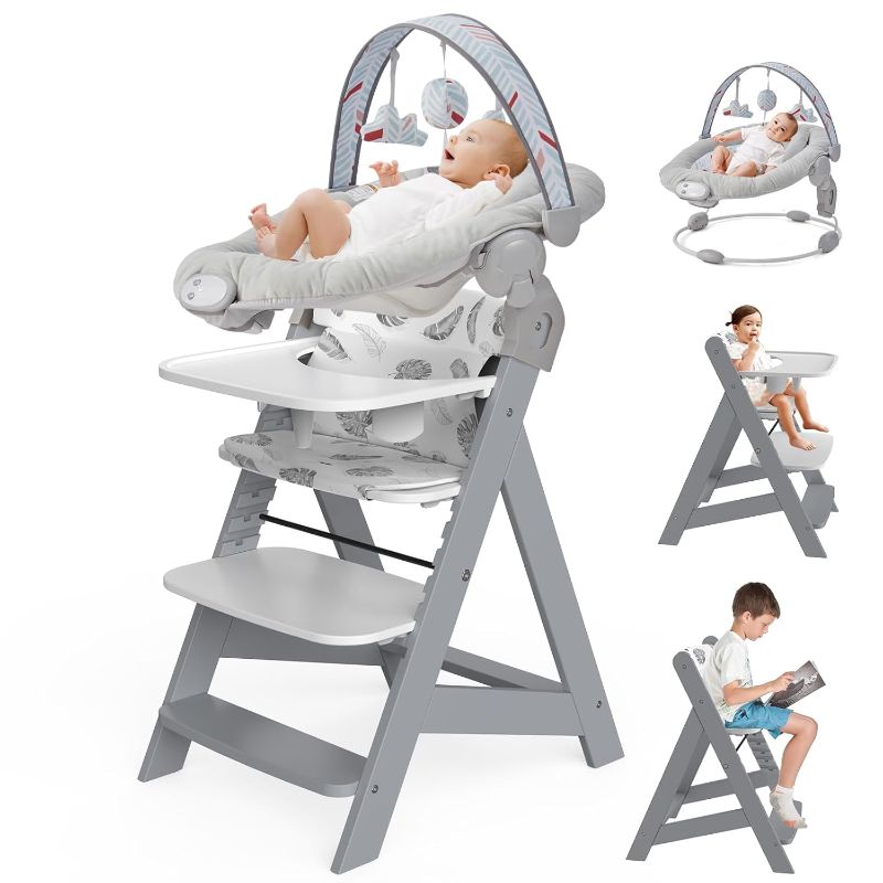 Photo 1 of Wooden High Chair with Baby Bouncer - Convertible Baby Highchair with Tray - Adjustable High Chair for Babies/Toddlers/6 Months - Water Resistant Natural Wood Grey