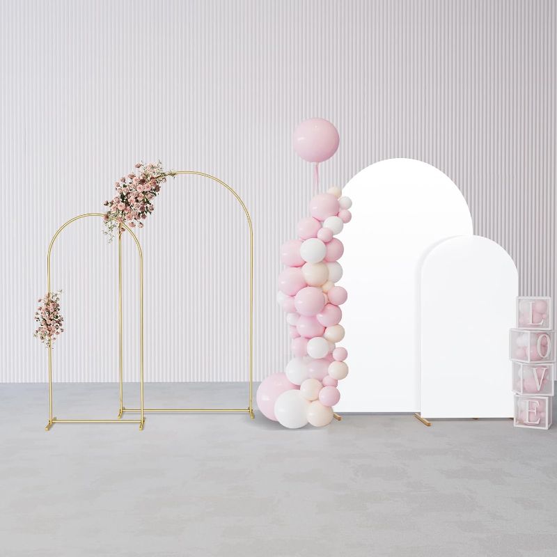 Photo 1 of GRENTY Metal Arch Backdrop Stand and Cover Set 7.2FT/6FT, Wedding Arch Frame with Spiral Rotating Joint, 2 Wrinkle-Resistant Backdrop Cover for Birthday, Anniversary, Wedding, Party, Baby Shower