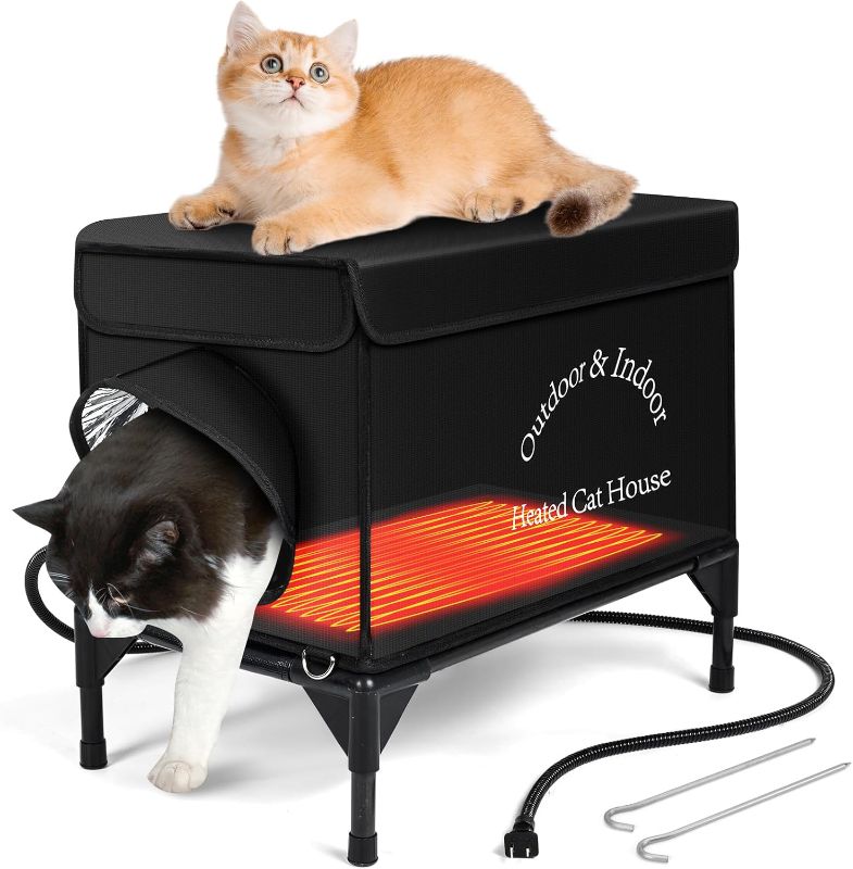 Photo 1 of Heated Cat House for Outdoor Cats in Winter, Highly Elevated Base Waterproof & Insulated Feral Cat House, Warm Cat Shelter with Heating Pad Warm House for Outside Stray Barn Cat (Black, 21"x13"x18")