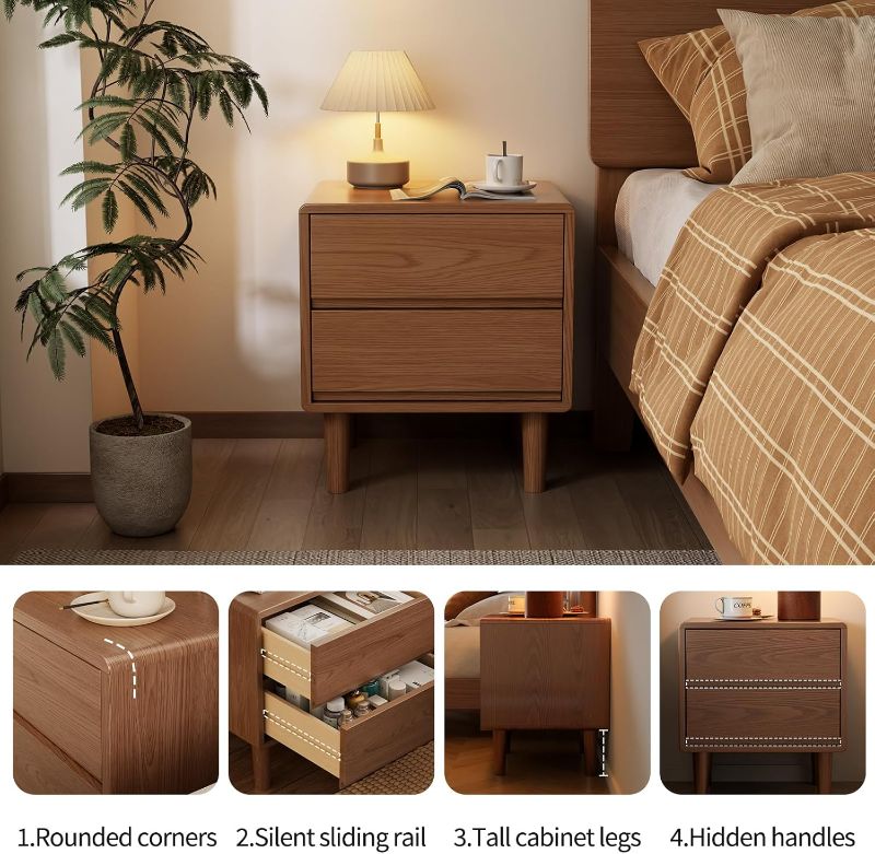 Photo 1 of Solid Wood Nightstand,Walnut Night Stand with Drawers,Mid Century Modern Nightstand,Small Night Stand for Bedroom, Dorm and Living Room,Walnut Bedside Table