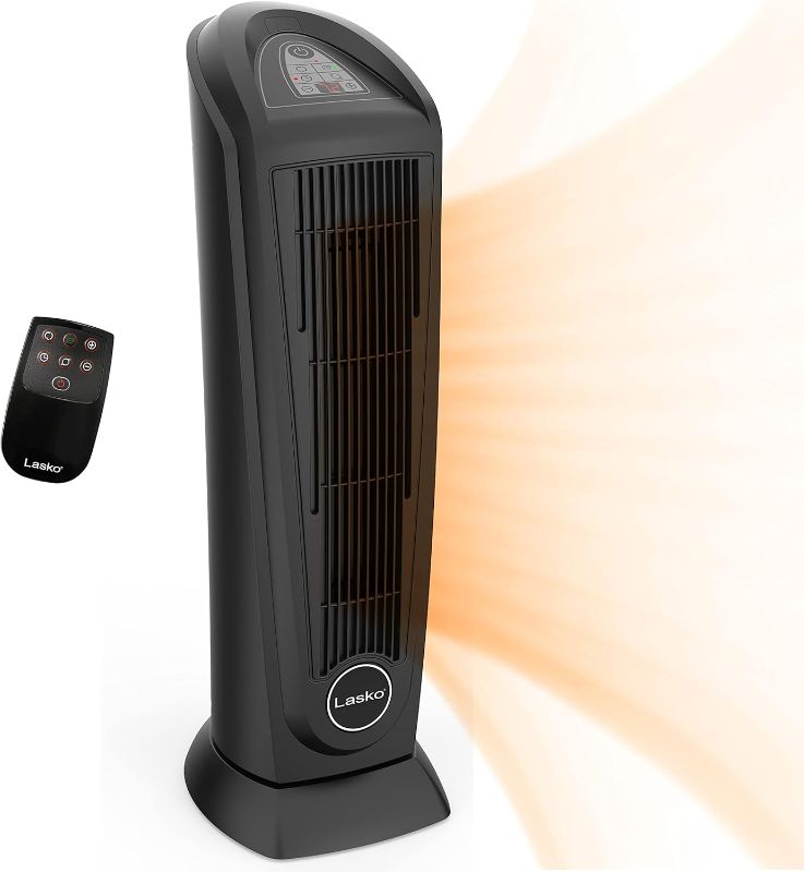Photo 1 of Lasko Portable Oscillating Indoor Electric Ceramic Tower Space Heater with Tip-Over Safety Switch, Overheat Protection, Timer and Remote Control, Safe for Home, 22.5 Inches,1500W, 751321, Black