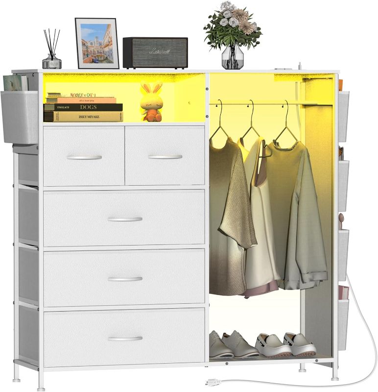 Photo 1 of Dresser for Bedroom with Clothes Rack Side Pockets White 5 Drawers Dresser with Charging Station LED Lights Sturdy Steel Frame Wood Top Organizer Unit for Nursery Hallway Closet