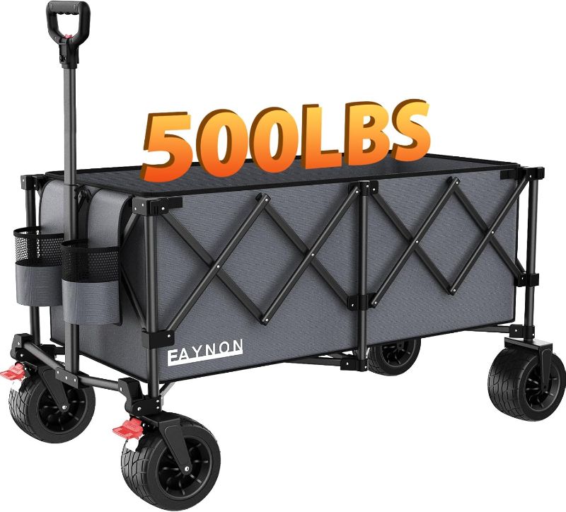 Photo 1 of 42" L Collapsible Foldable Wagon, 500LB Weight Capacity with 220L Heavy Duty Folding Cart,Utility Wagon with Big All-Terrain Beach Wheel, Drink Holders& 2 Bungee Cords,Gray