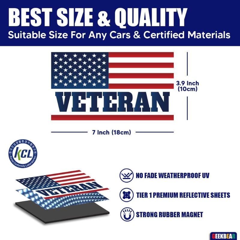 Photo 1 of GEEKBEAR American Flag Veteran Car Magnet (Black, 3 Pack) - Reflective Waterproof Magnetic Sign - 7 x 4 in
