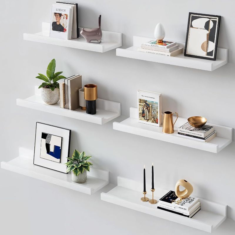 Photo 1 of Amada Floating Shelves, Set of 6, Wooden Wall Shelves with Ledge for Living Room, Kitchen, Bathroom, Bedroom, Modern Display Shelves for Photos, Books, Plants & Décor, Paulownia Wood, White, AMFS41