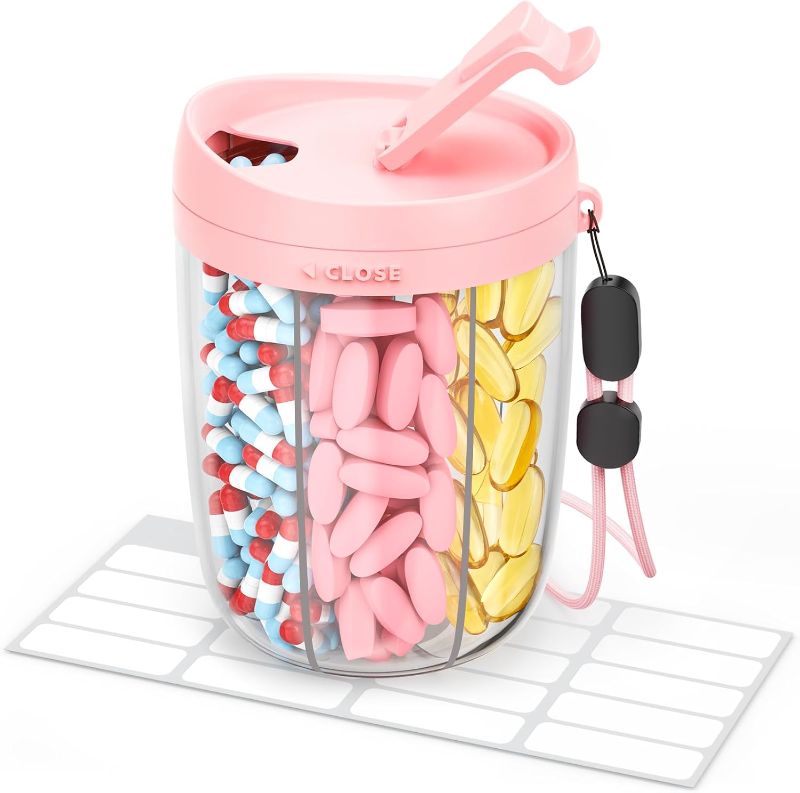 Photo 1 of Large Pill Dispenser with 6 Compartments, Anti-Mix Pill Bottle Organizer with Wide Opening & Easy Retrieval, Vitamin Organizer for Travel, BPA-Free Pill Box with a Strap, Pink